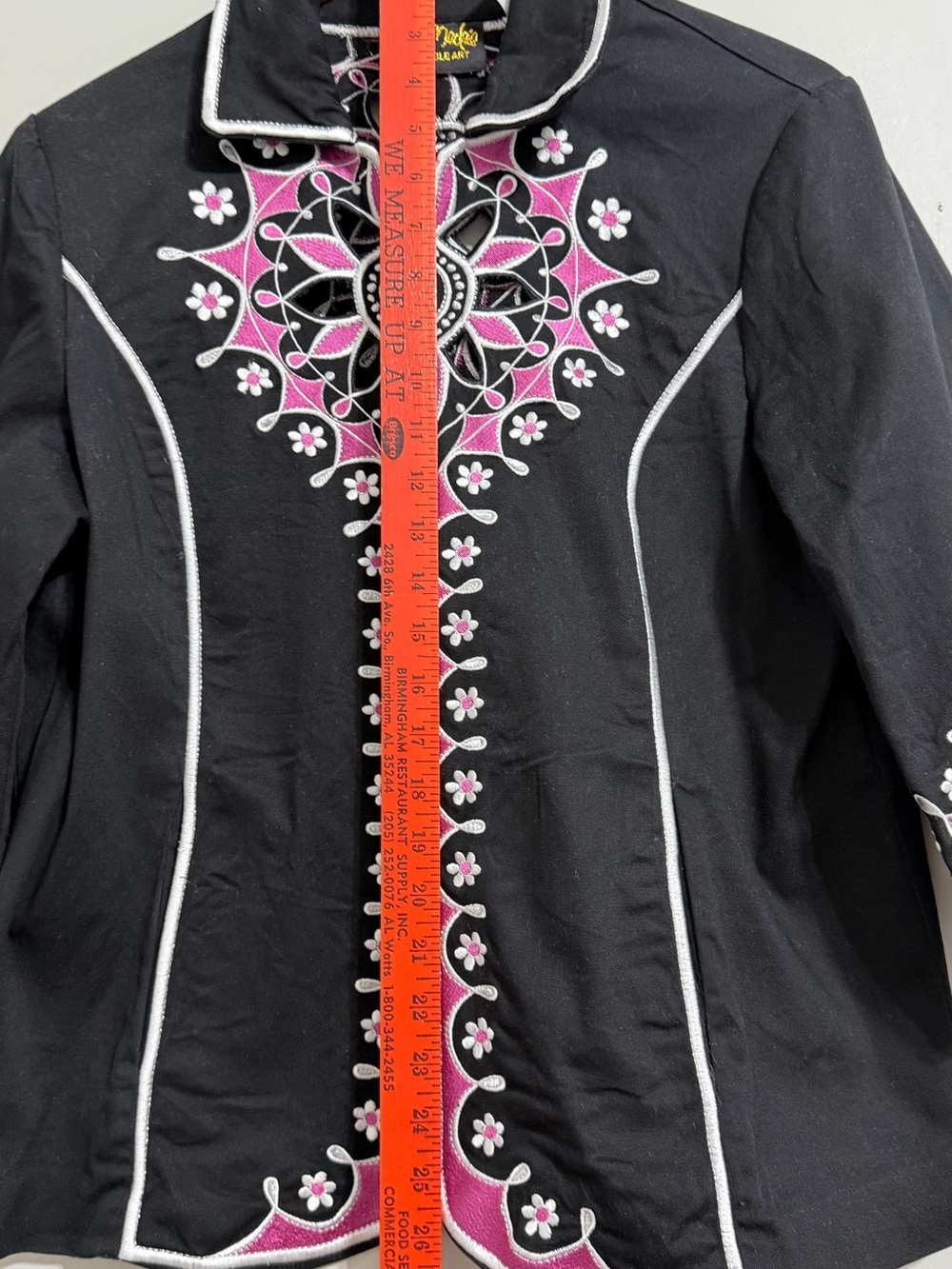 Bob Mackie Wearable Art Black Embroidered Cut Out Zip Jacket Pink White Medium - Picture 7 of 11